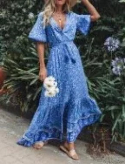 Maxi Dresses for Women Cotton Rayon Blue Floral Print Deep V-neck Boho Summer Dress