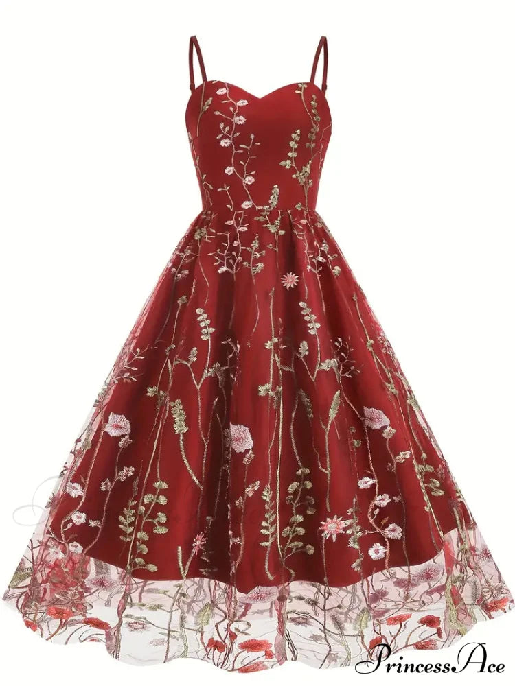 Mesh Floral Embroidery A Line Party Dress for Summer