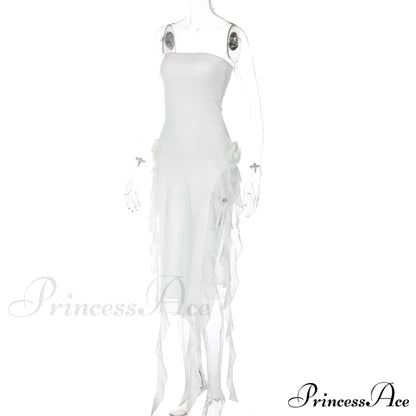 Mesh Fringe Flower Charming Tube Midi Dress