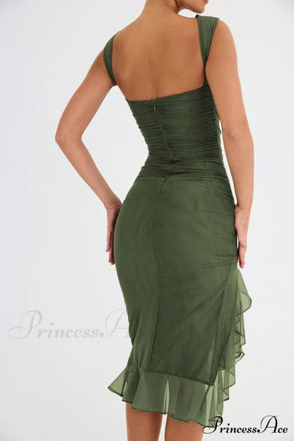 Mesh Ruffle Stylish Sleeveless Midi Dress