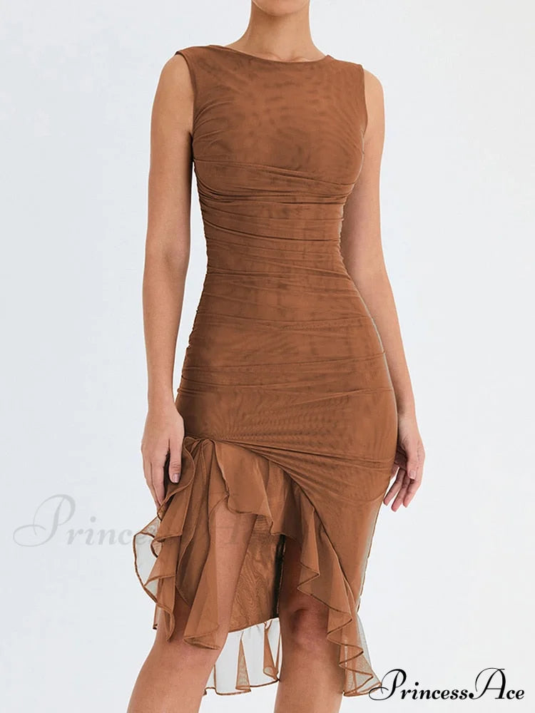 Mesh Ruffle Stylish Sleeveless Midi Dress