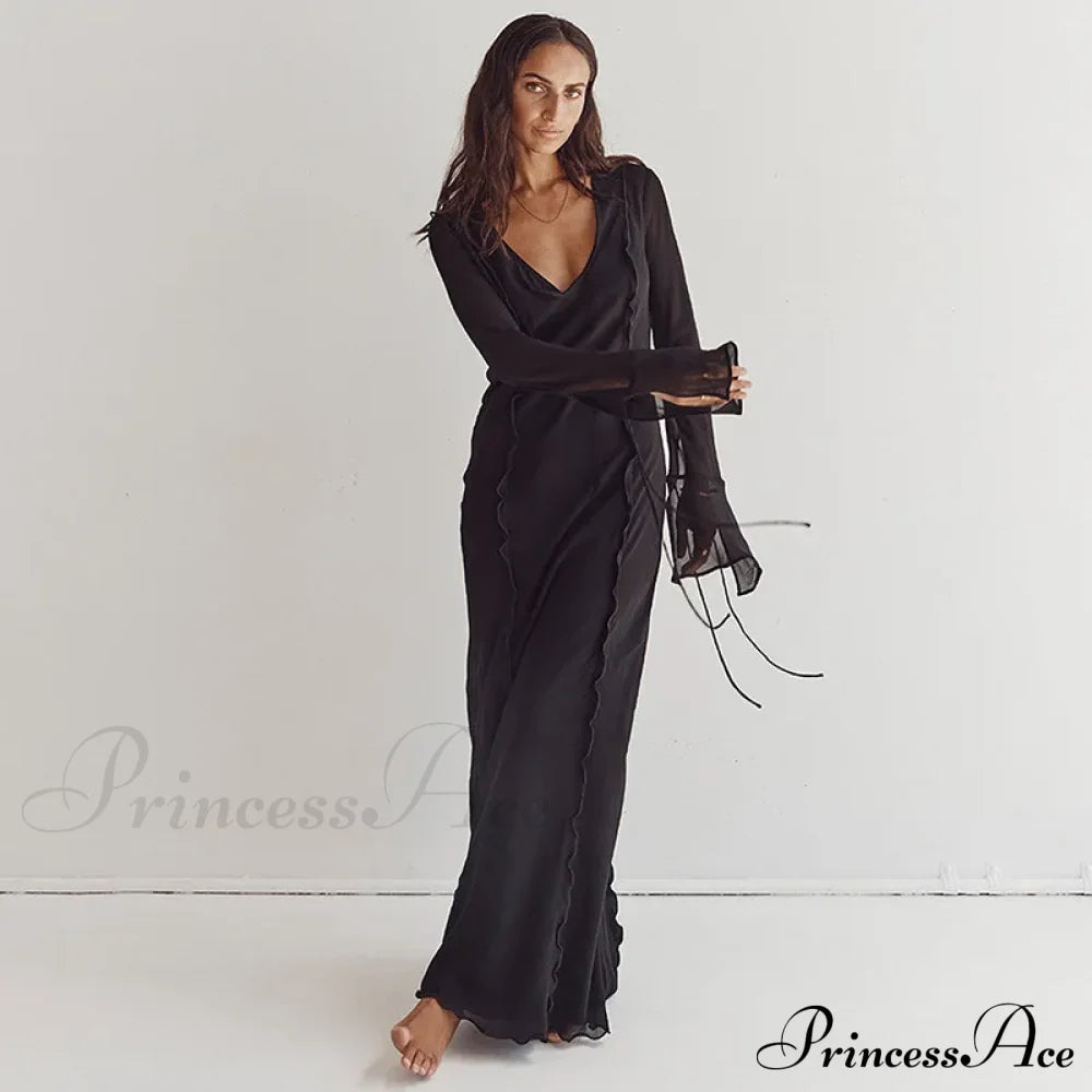 Mesh Transparent Flare Sleeve Cover-Ups Maxi Dress