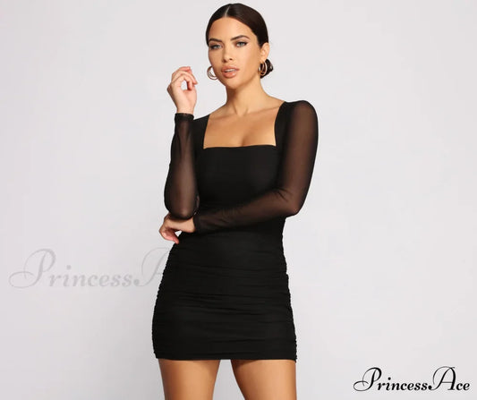 Mesmerize In Mesh Charming Ruched Mini Dress