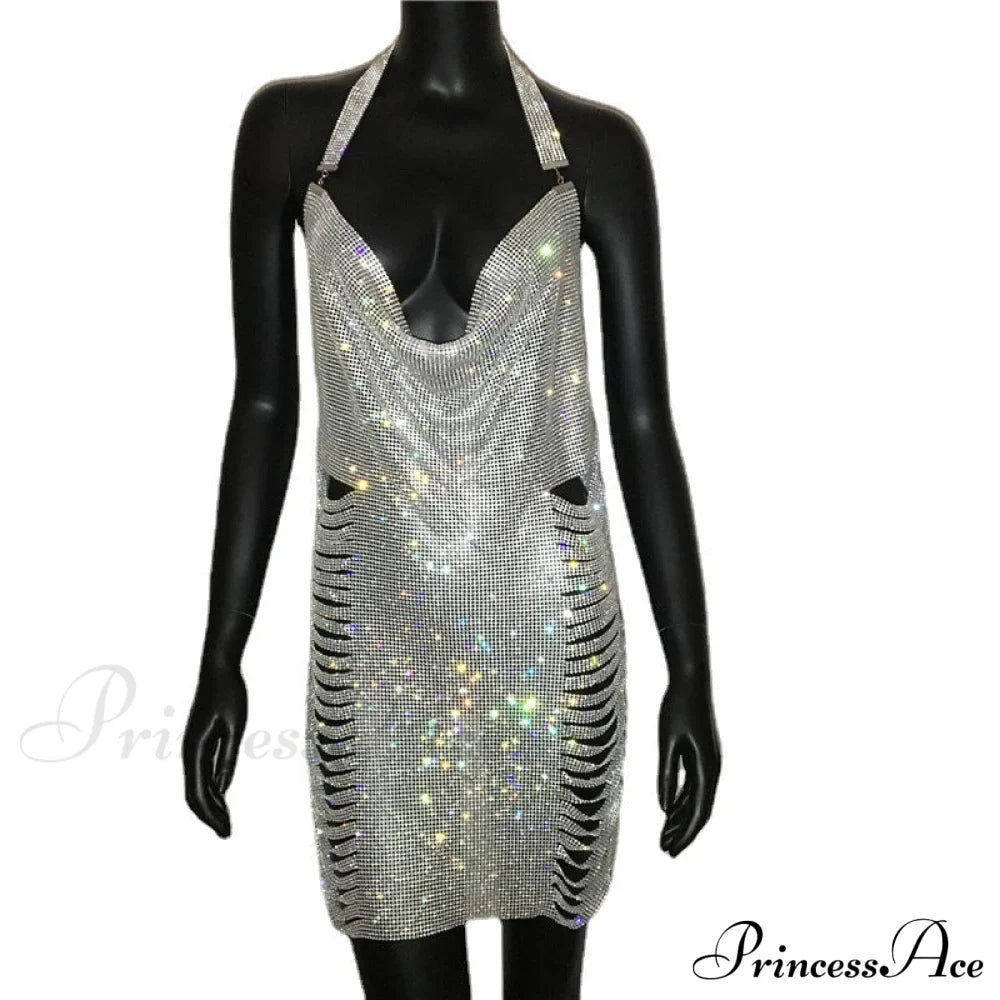 Metal Diamond Nightclub Sexy Backless Flash Dress