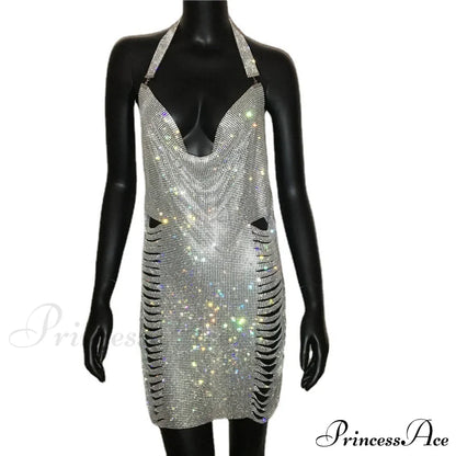 Metal Diamond Nightclub Sexy Backless Flash Dress