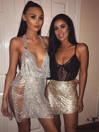 Metal Diamond Nightclub Sexy Backless Flash Dress