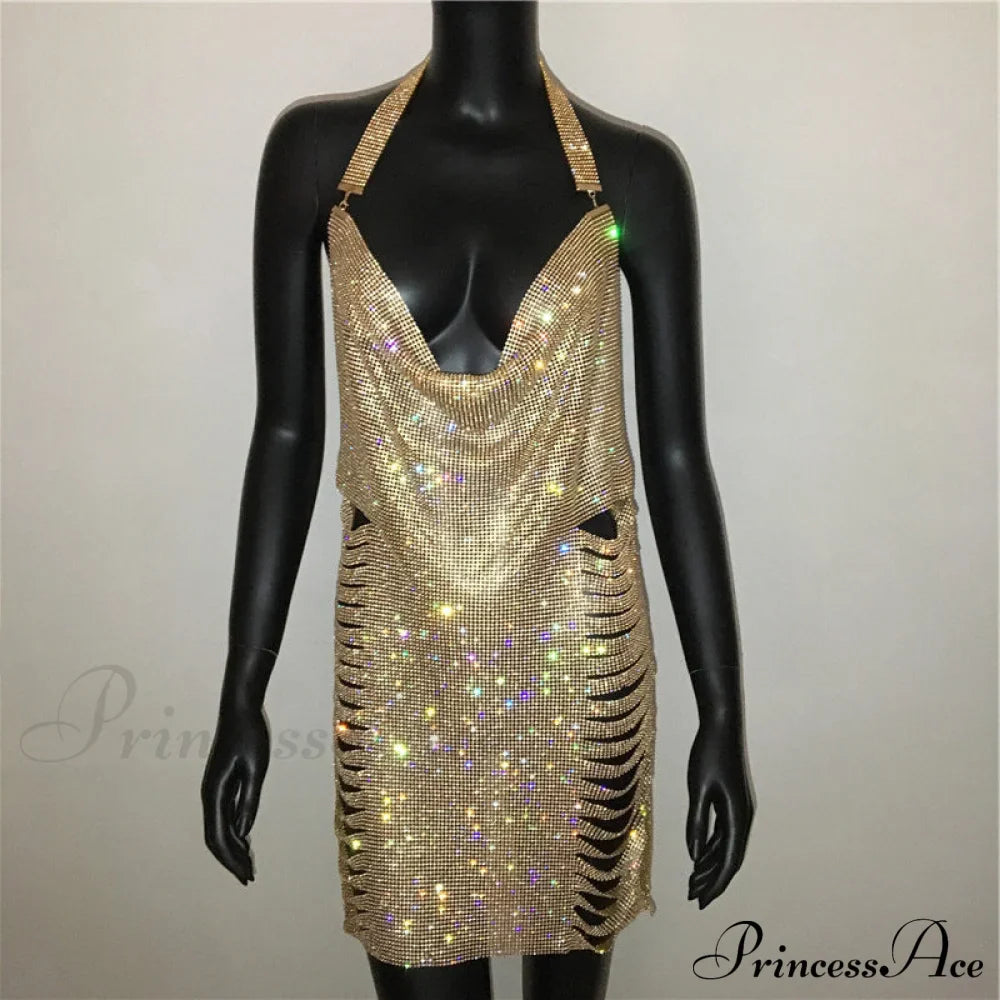 Metal Diamond Nightclub Sexy Backless Flash Dress