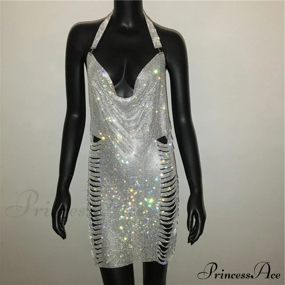 Metal Diamond Nightclub Sexy Backless Flash Dress