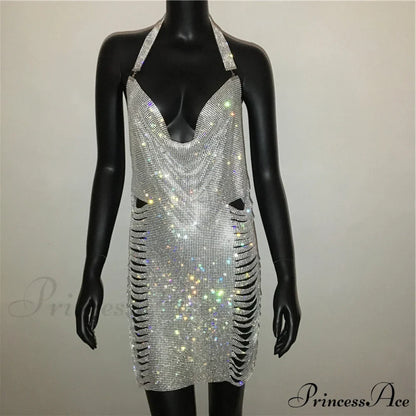 Metal Diamond Nightclub Sexy Backless Flash Dress