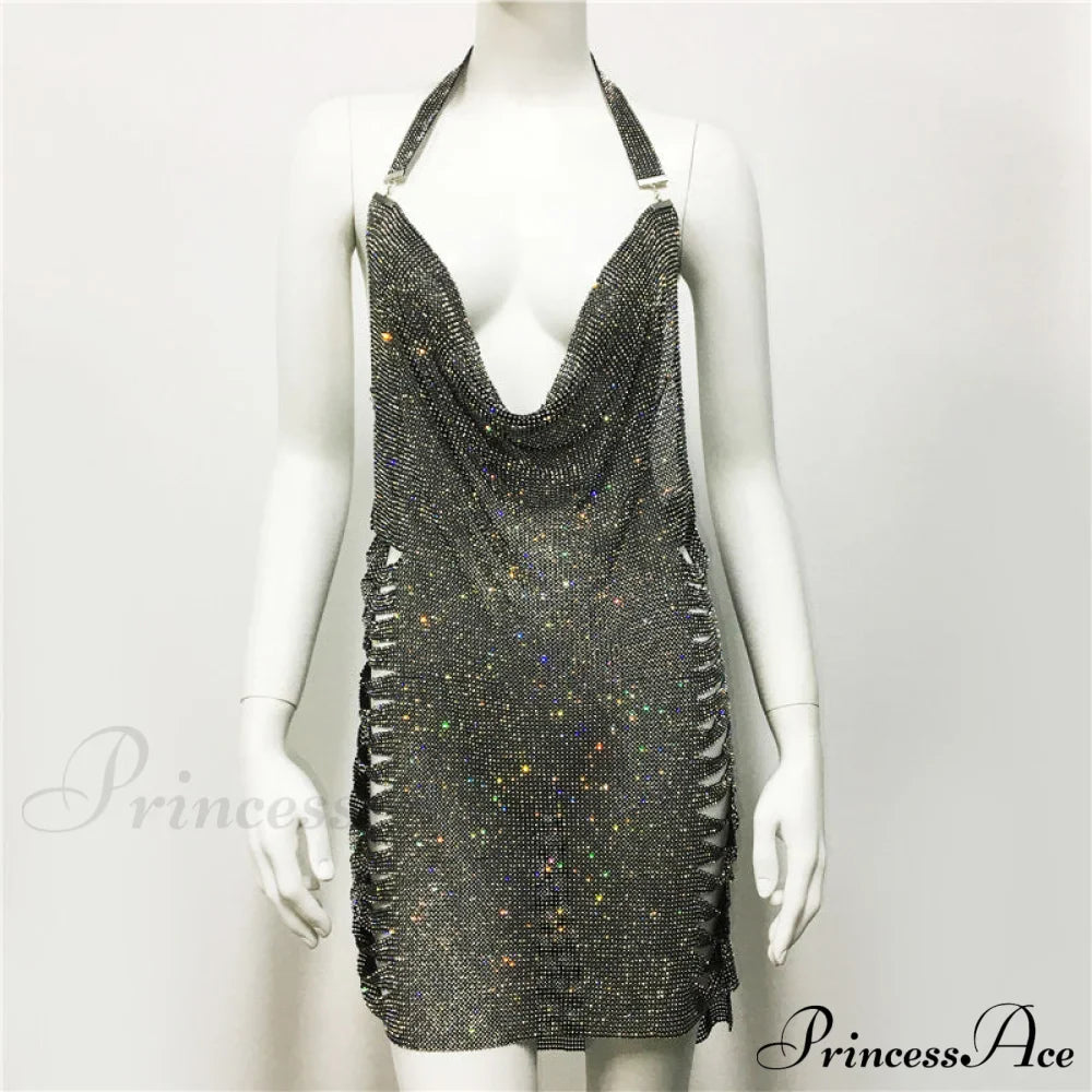 Metal Diamond Nightclub Sexy Backless Flash Dress
