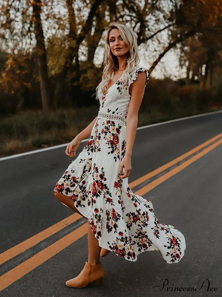 Neck Full-Length V Asymmetry Flowered Bohemia Backless Dress
