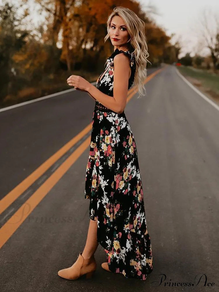 Neck Full-Length V Asymmetry Flowered Bohemia Backless Dress