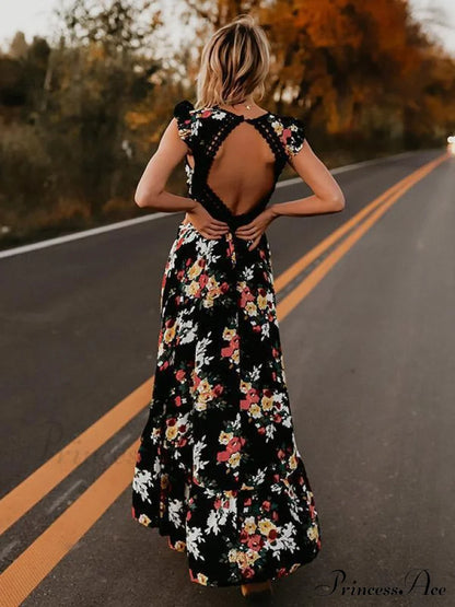 Neck Full-Length V Asymmetry Flowered Bohemia Backless Dress