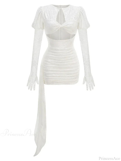 New Sexy Gloves Long Sleeves Cutout Pleated Draped Mini Party Dress