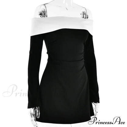 Off-Shoulder Colourblock Long Charming Sleeve Mini Dress