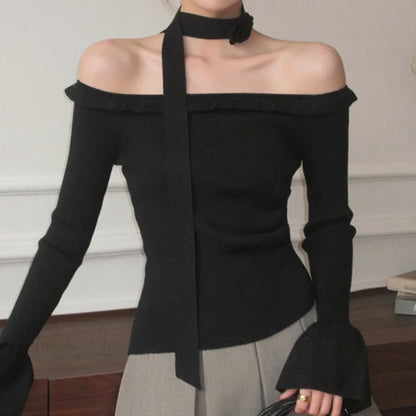 Off Shoulder Knit Crop Long Flare Sleeve Ruffle Trim Knit Top