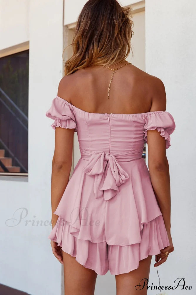 Off Shoulder Ruffled Skirt Pants with Tie Back