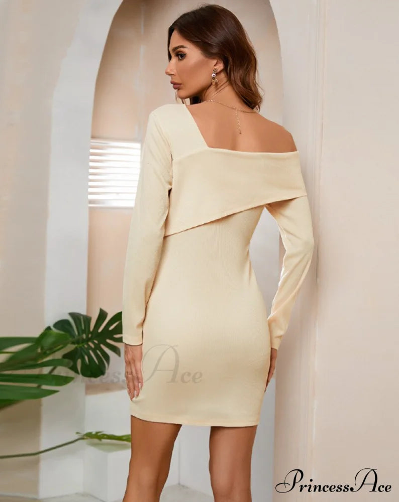 Off Shoulder Solid Full Sleeve Office Dress with Half Open Collar