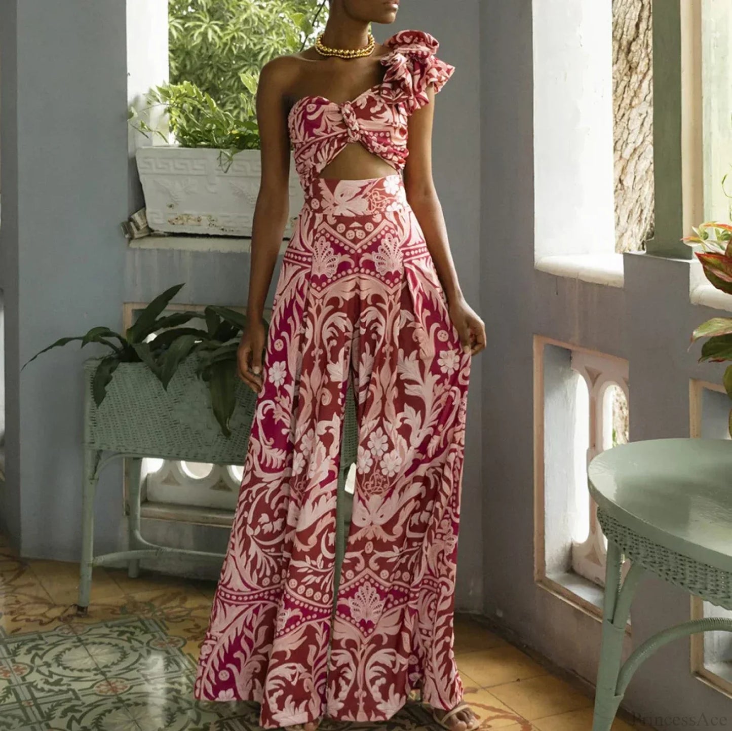 One Shoulder Print Pants Two Piece Set