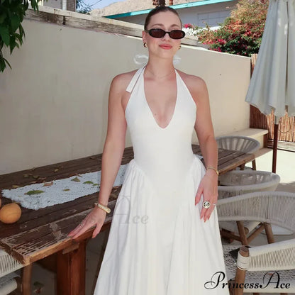 Open Back Halter Deep Graceful V-neck White Ankle Length Dress