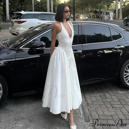 Open Back Halter Deep Graceful V-neck White Ankle Length Dress