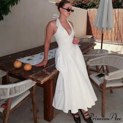 Open Back Halter Deep Graceful V-neck White Ankle Length Dress