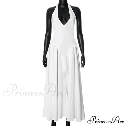 Open Back Halter Deep Graceful V-neck White Ankle Length Dress