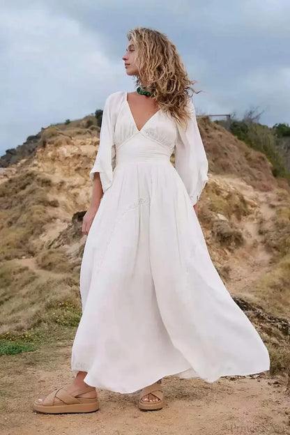 Oversized Backless Deep V Cotton Boho Dress