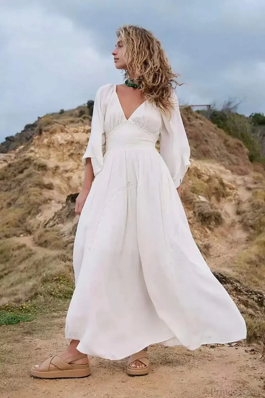Oversized Backless Deep V Cotton Boho Dress