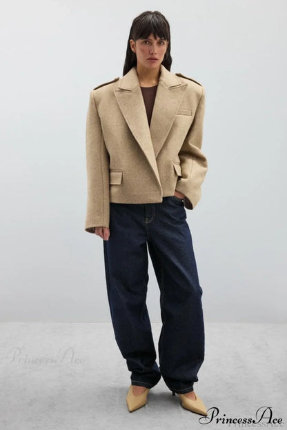 Oversized Notch Lapel Epaulette Woolen Blazer