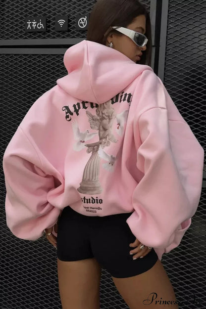 Oversized Street Casual Angel Print Zip-Up Hoodie