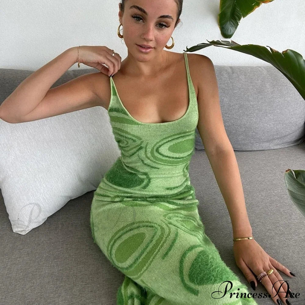 Paisley Vintage Spaghetti Fashion - Y2K Bodycon Strap Gown Coastal Party Green Vestido