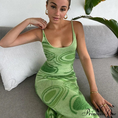 Paisley Vintage Spaghetti Fashion - Y2K Bodycon Strap Gown Coastal Party Green Vestido