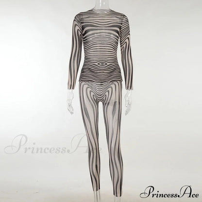 Pants Suit Sexy Costume Zebra Co-ord Striped Tracksuit for Mesh + Set 2 T-shirt Piece Long Autumn Women