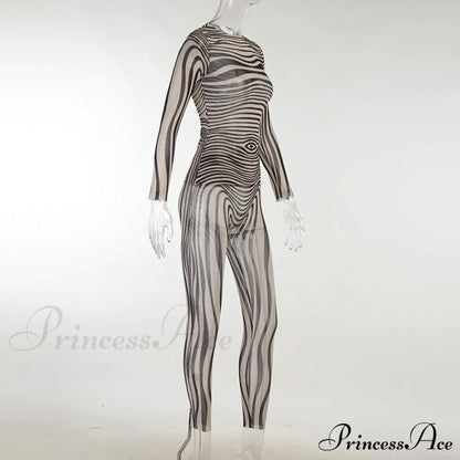 Pants Suit Sexy Costume Zebra Co-ord Striped Tracksuit for Mesh + Set 2 T-shirt Piece Long Autumn Women
