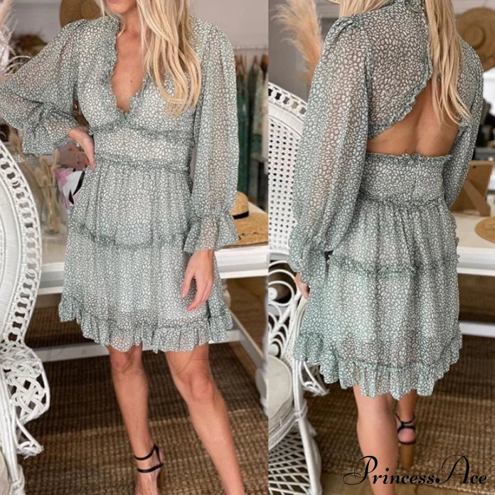 Party Gown Harlow Backless Design V-Neck Mini - Warm-Season Ruffle - Women's Flowered Dress