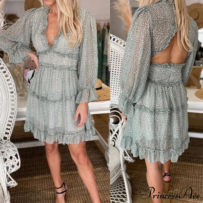 Party Gown Harlow Backless Design V-Neck Mini - Warm-Season Ruffle - Women's Flowered Dress