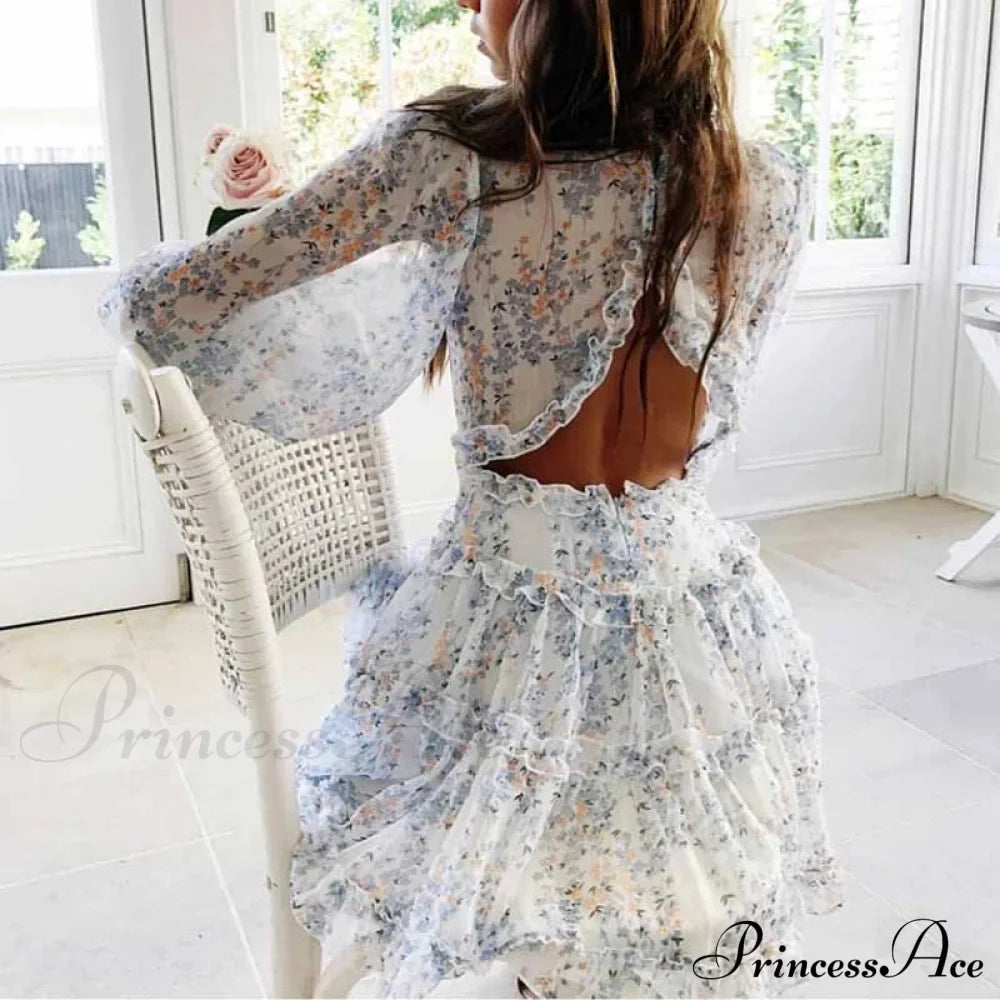Party Gown Harlow Backless Design V-Neck Mini - Warm-Season Ruffle - Women's Flowered Dress