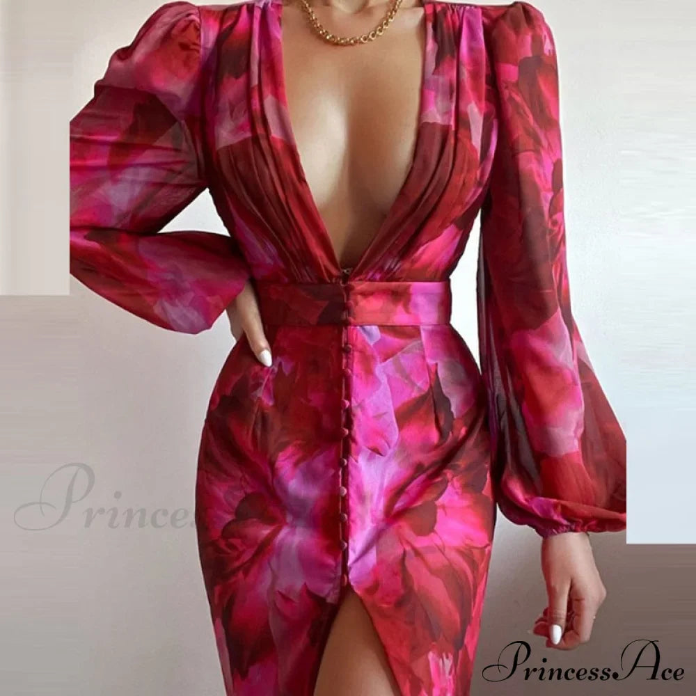 Party Slit - Design with and Elegant Gown Full-Length V-Neck Women's Dress
