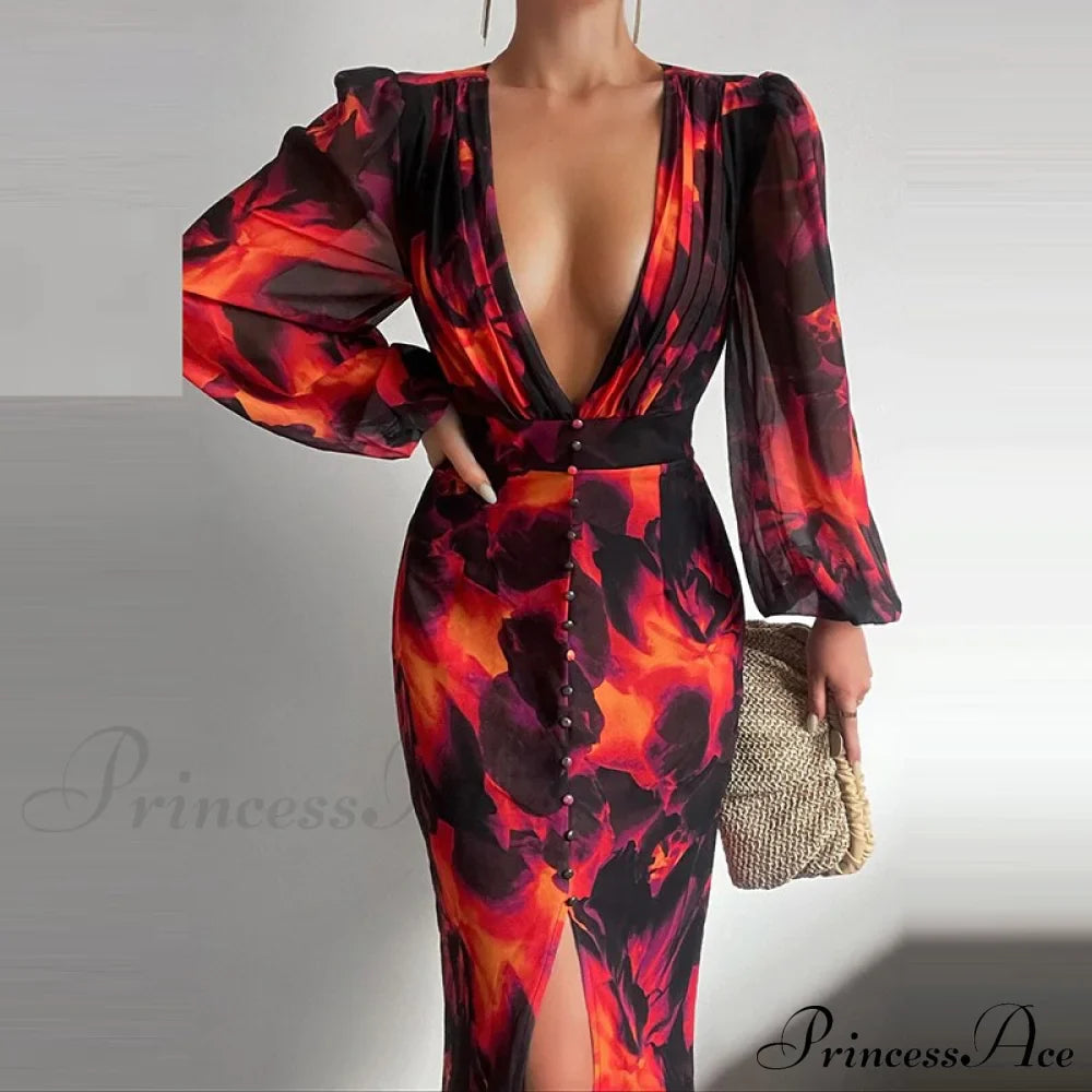 Party Slit - Design with and Elegant Gown Full-Length V-Neck Women's Dress