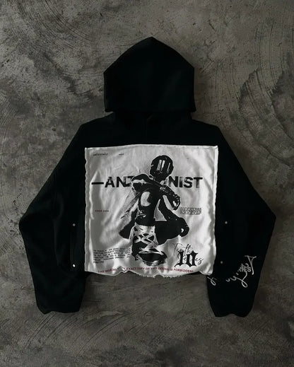 Patchwork Embroidered Black Hoodie