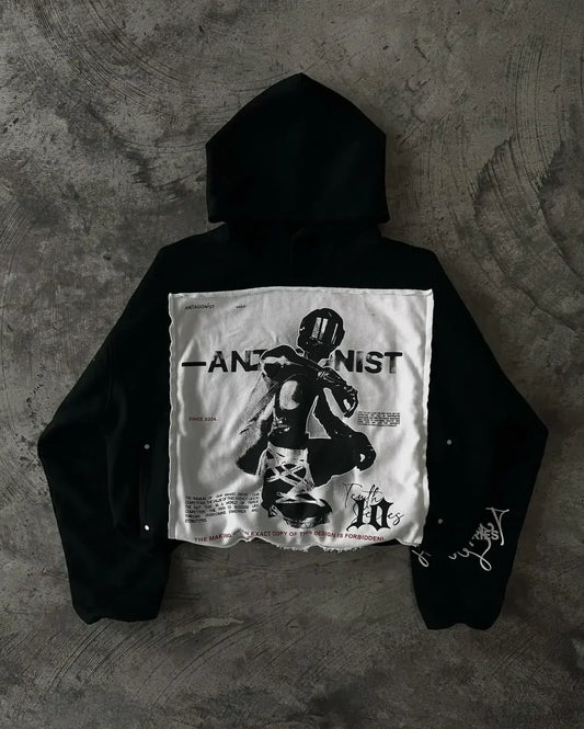 Patchwork Embroidered Black Hoodie