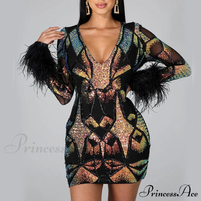 Patchwork Print Skinny Ostrich Feather Sequins Party Dress