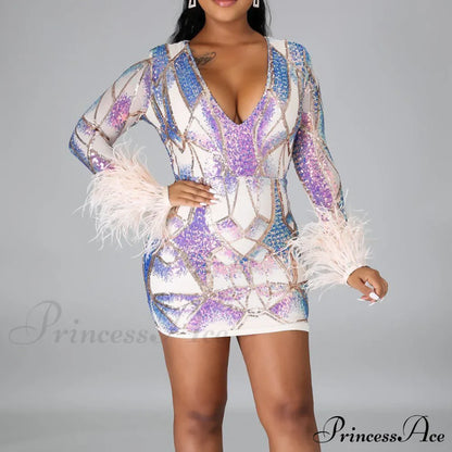 Patchwork Print Skinny Ostrich Feather Sequins Party Dress