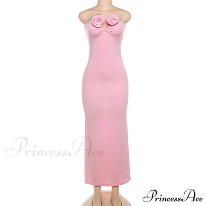 Pink 3D Floral-applique Charming Strapless Maxi Dress