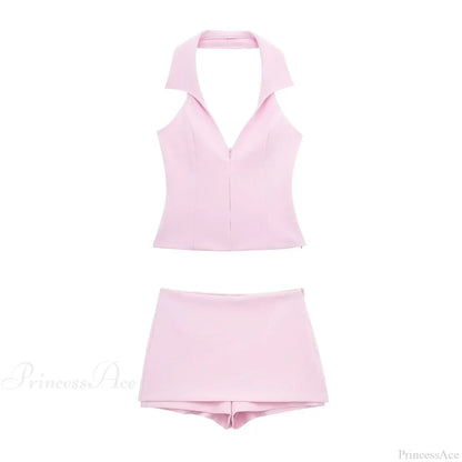 Pink Halter Sleeveless Charming Top And Skort Set