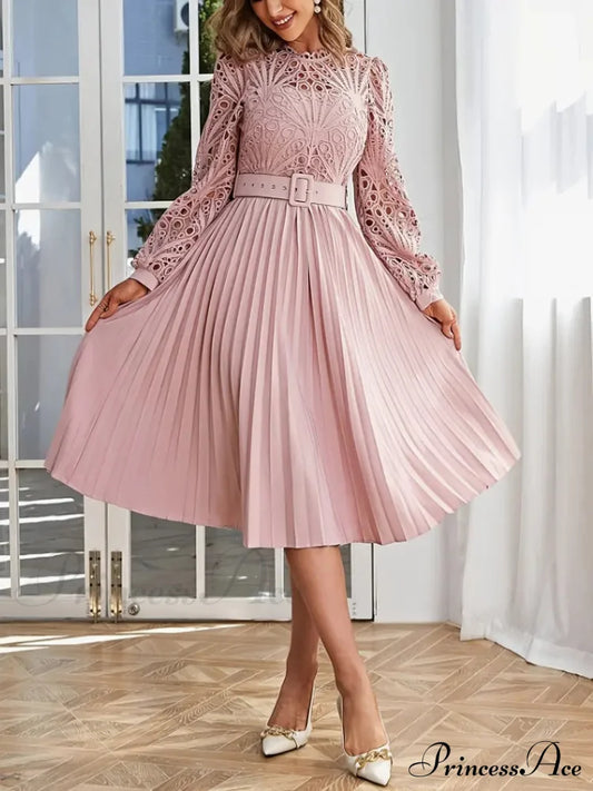 Pink Lace Pleated Party Dress with Belt
