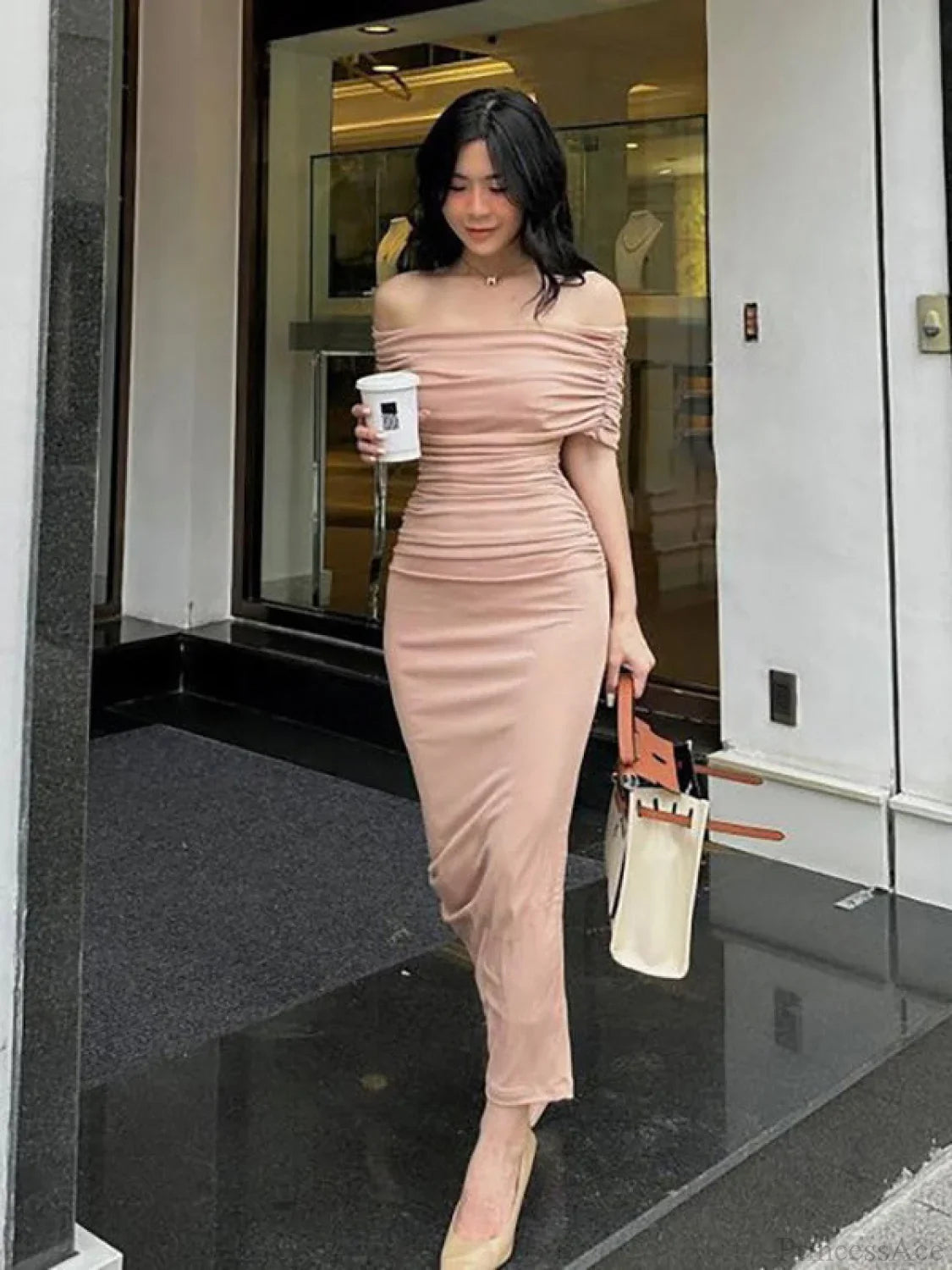 Pink Off Shoulder Bodycon Midi Dress