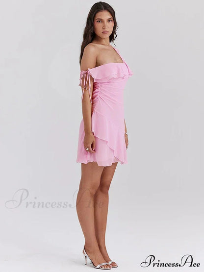 Pink Ruffled Stylish Shoulder Mini Dress