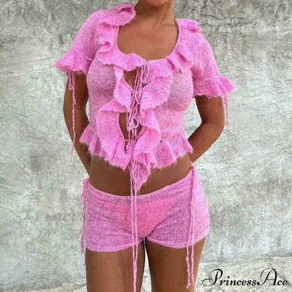 Pink Ruffles Sheer Charming Top And Shorts Set